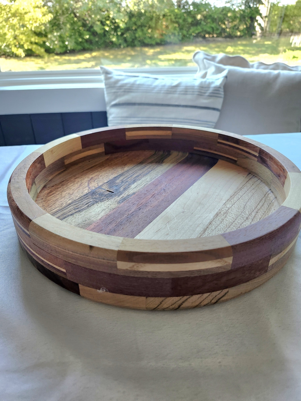 Handcrafted Multi-Wood Round Serving Tray - Natural Wood Tones